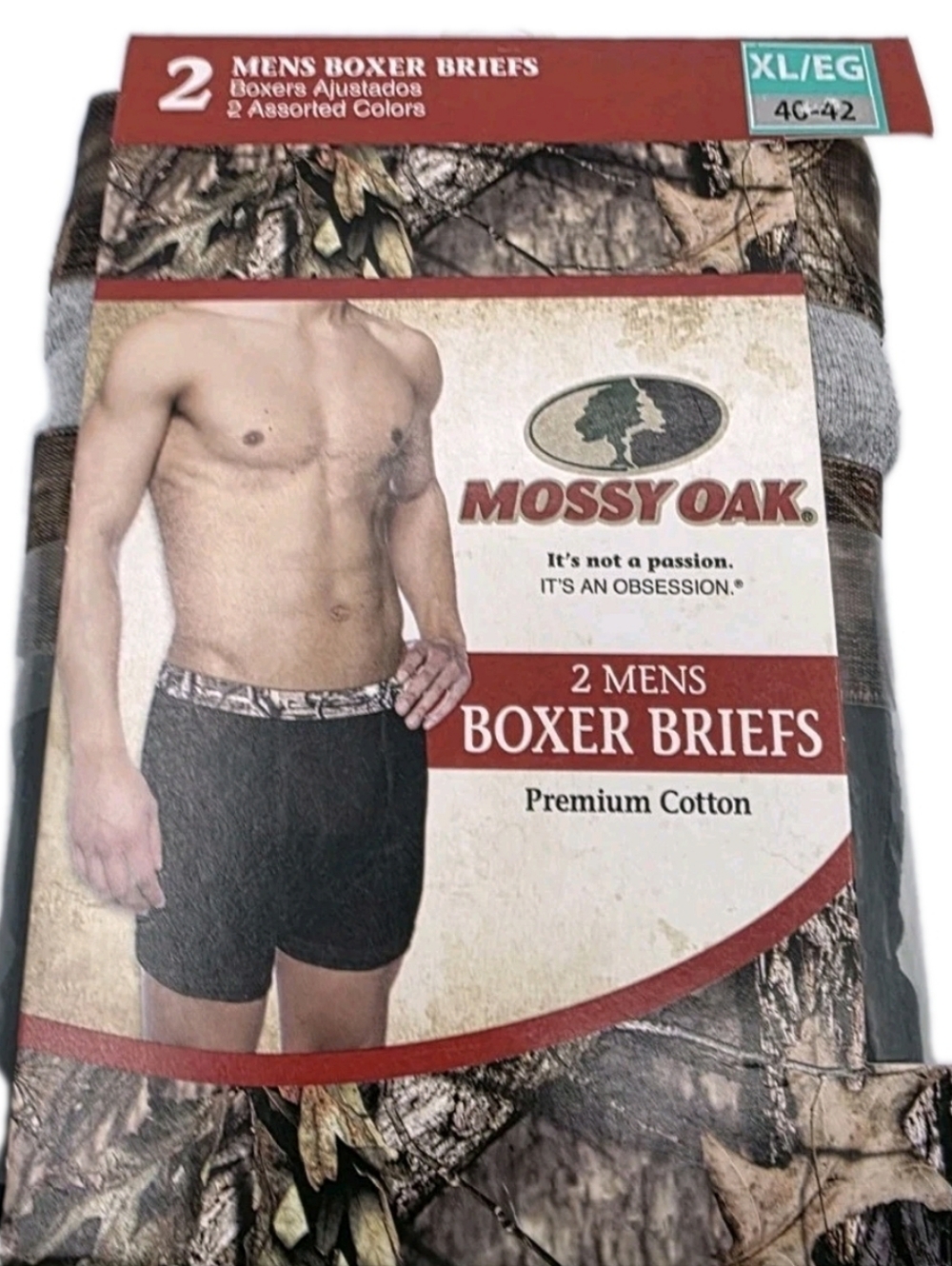 Mossy Oak Mens Fitted Boxer Briefs Black Gray Camo Band Size Xlarge Cotton NEW